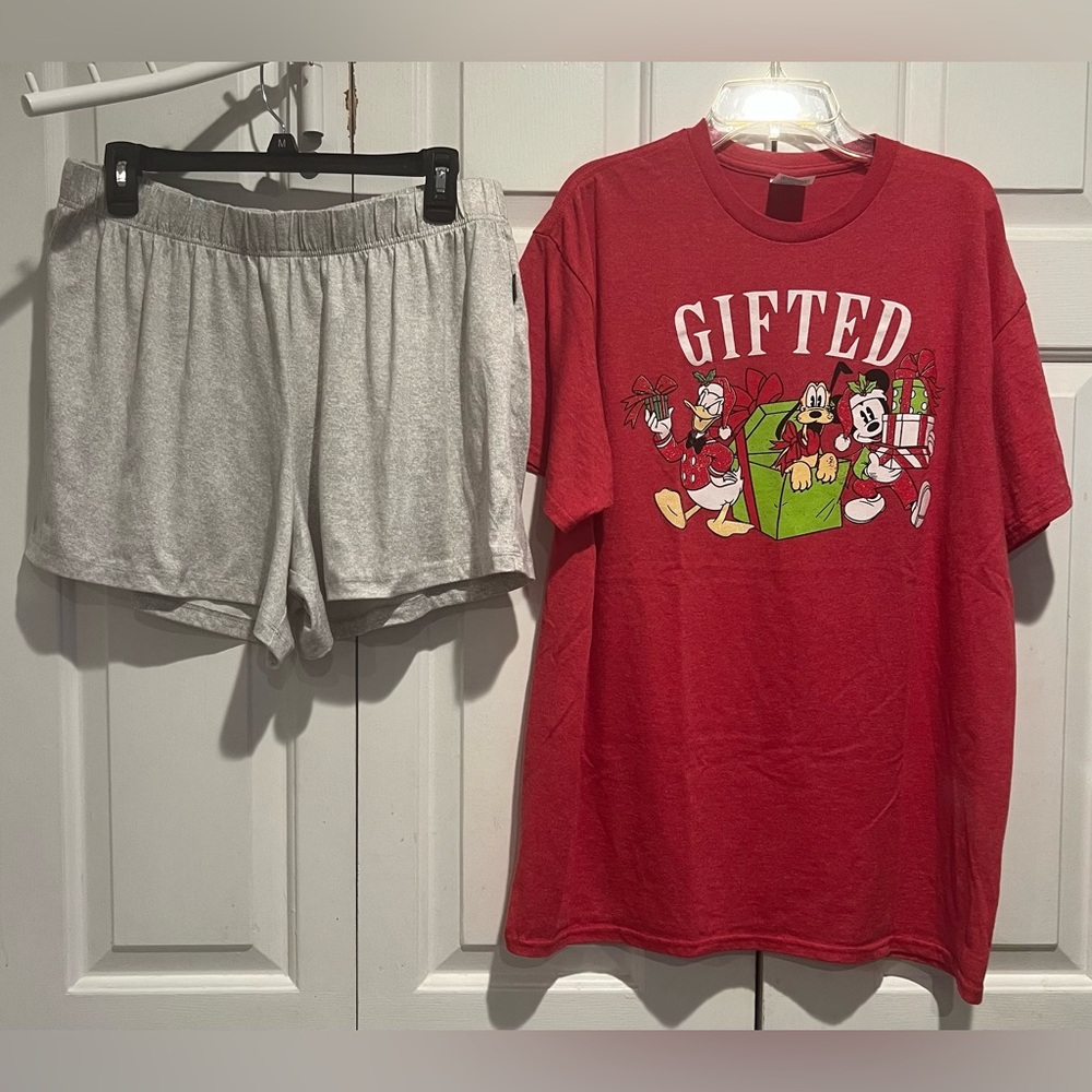 2 Pc PJ Set 🎄❤️RED Disney Christmas “Gifted' Graphic Tee & Gray Shorts Set
